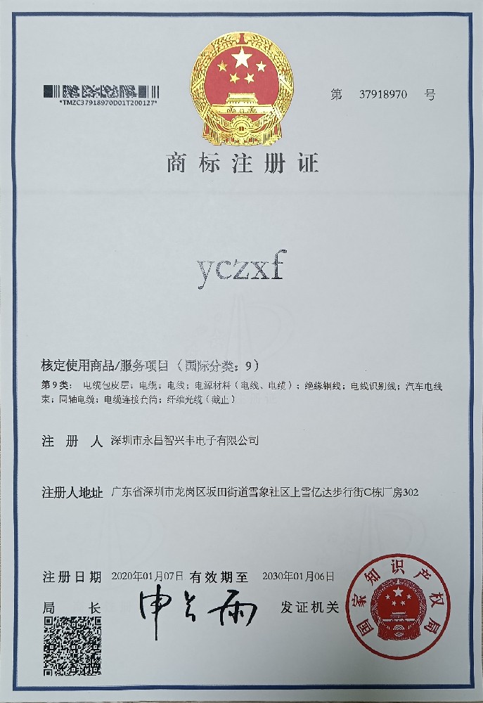 yczxf 商標注冊證